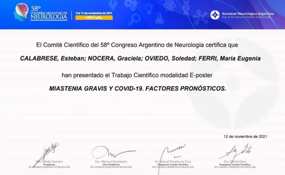 INVESTIGACION SOBRE MIASTENIA GRAVIS. CONGRESO ARGENTINO DE NEUROLOGÍA